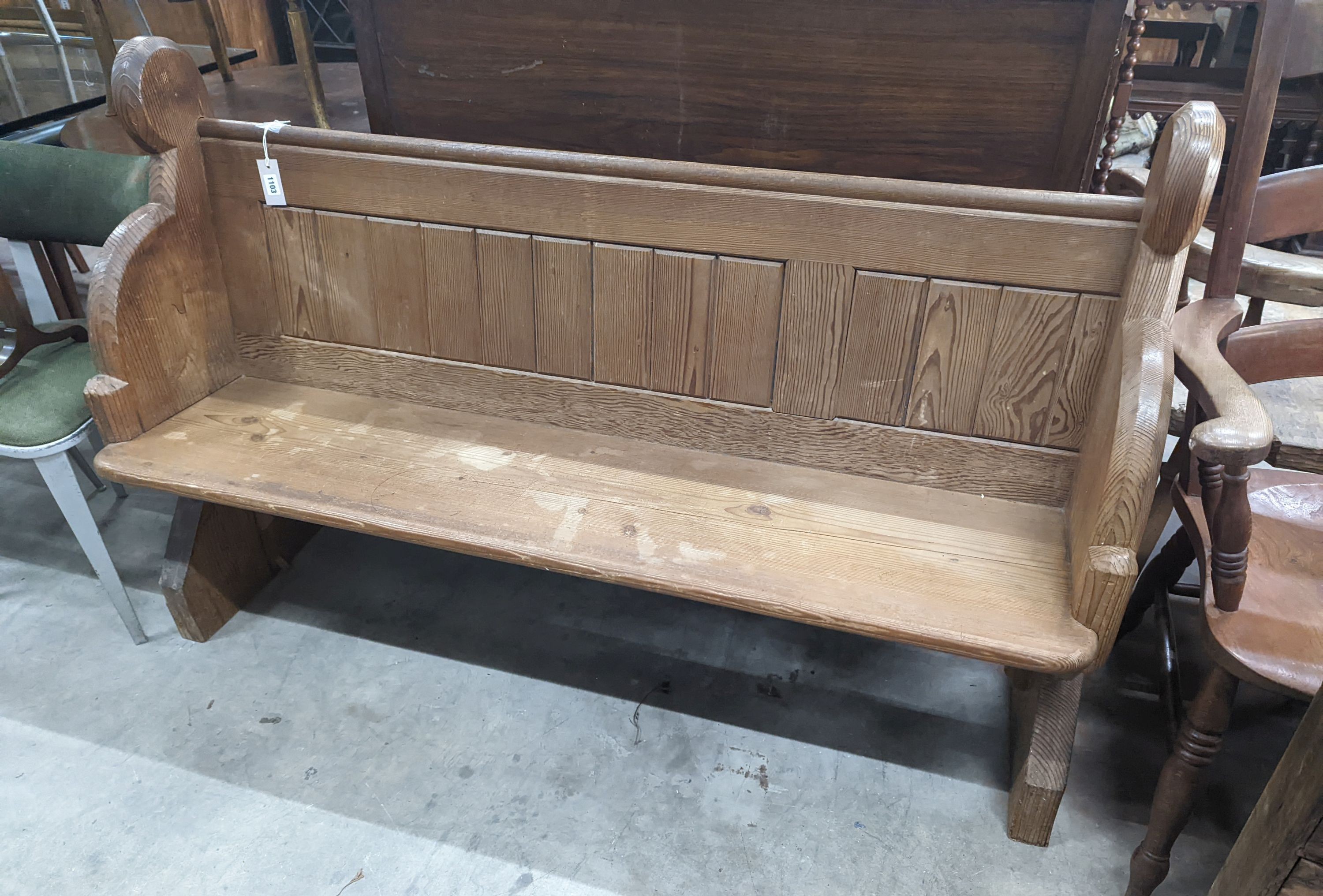 A Victorian pitch pine pew, length 153cm, depth 54cm, height 97cm